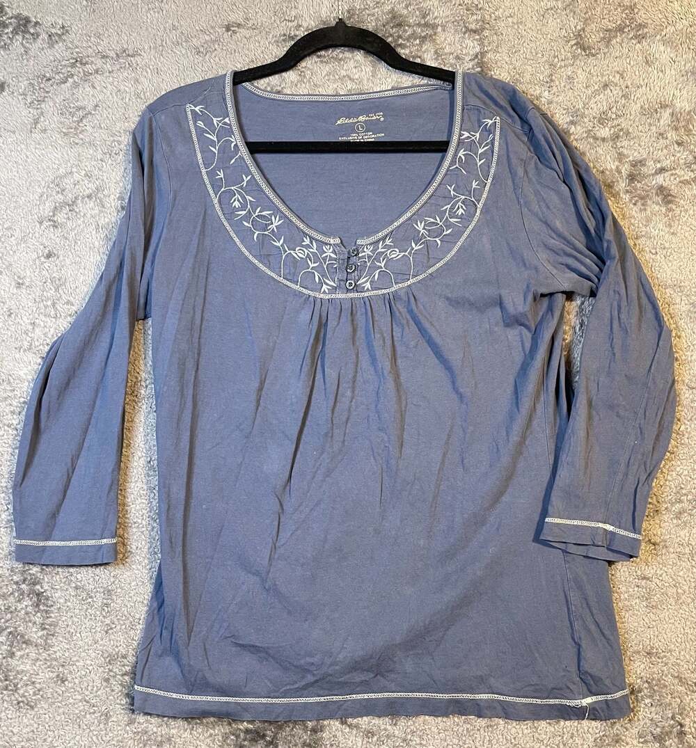 Eddie Bauer Women's Blue Embroidered Long Sleeve Henley Top Size L